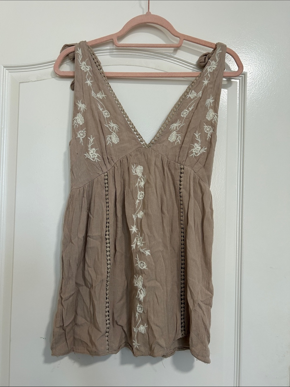 Embroidered Taupe Boho V-Neck Dress